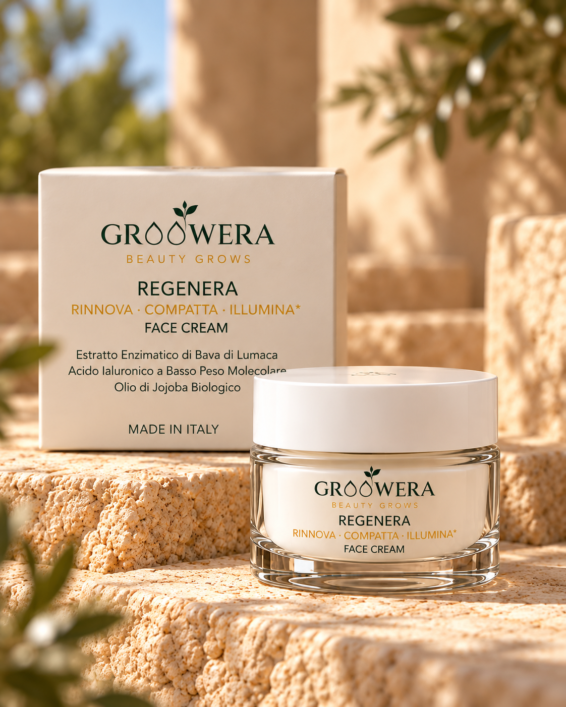 Crema viso GROOWERA Regenera con la sua scatola avorio su gradini di pietra al sole
