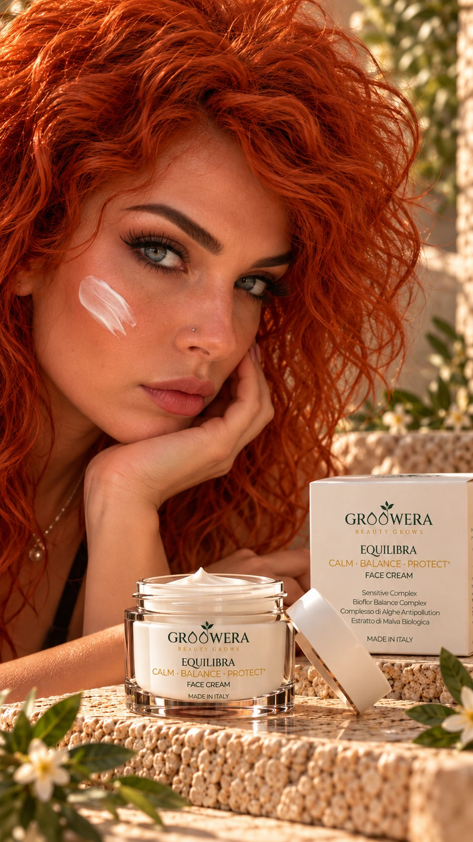 GROOWERA EQUILIBRA con vasetto in vetro, scatola e modella dai capelli rossi