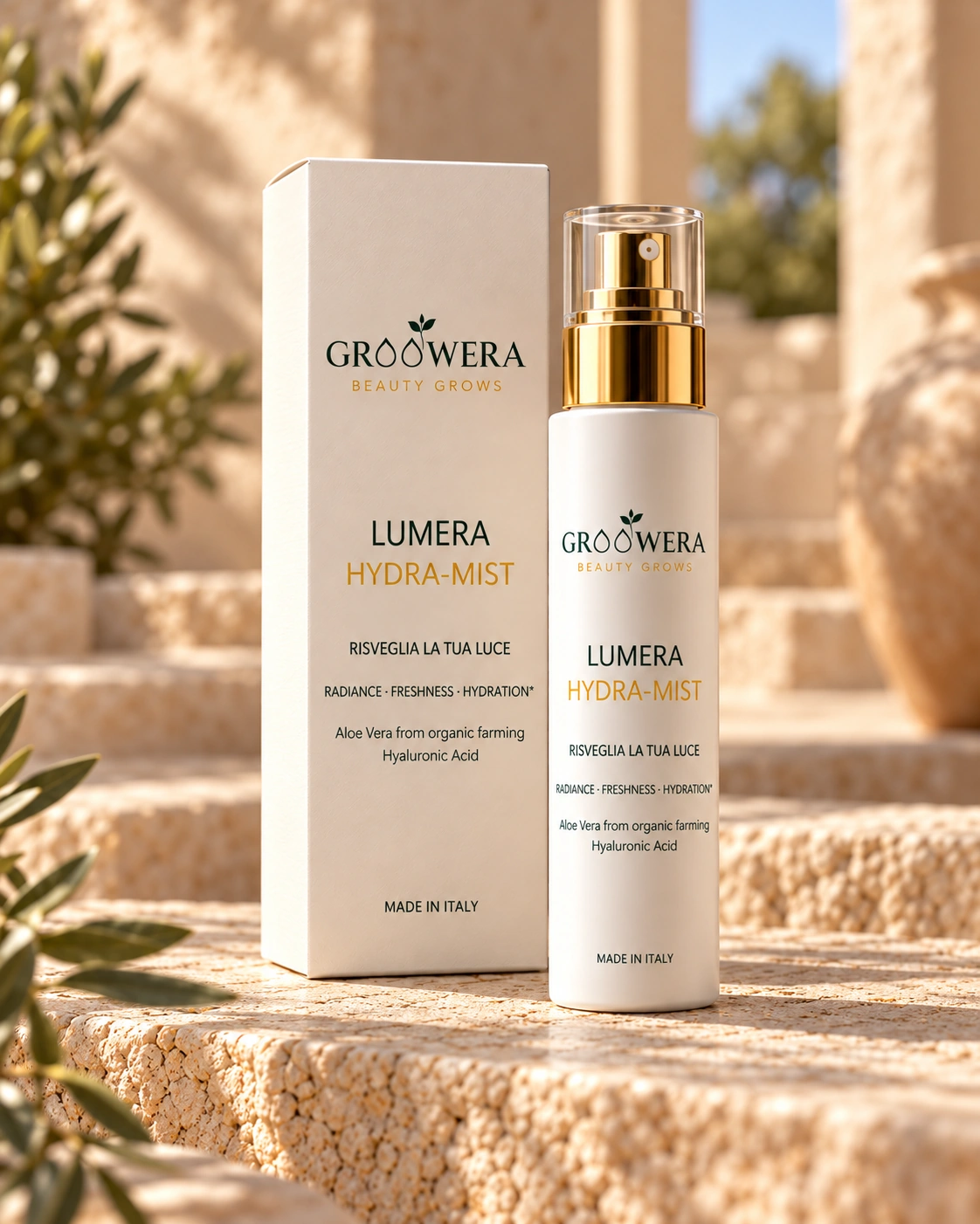 Flacone GROOWERA LUMERA Hydra-Mist con confezione corretta su travertino